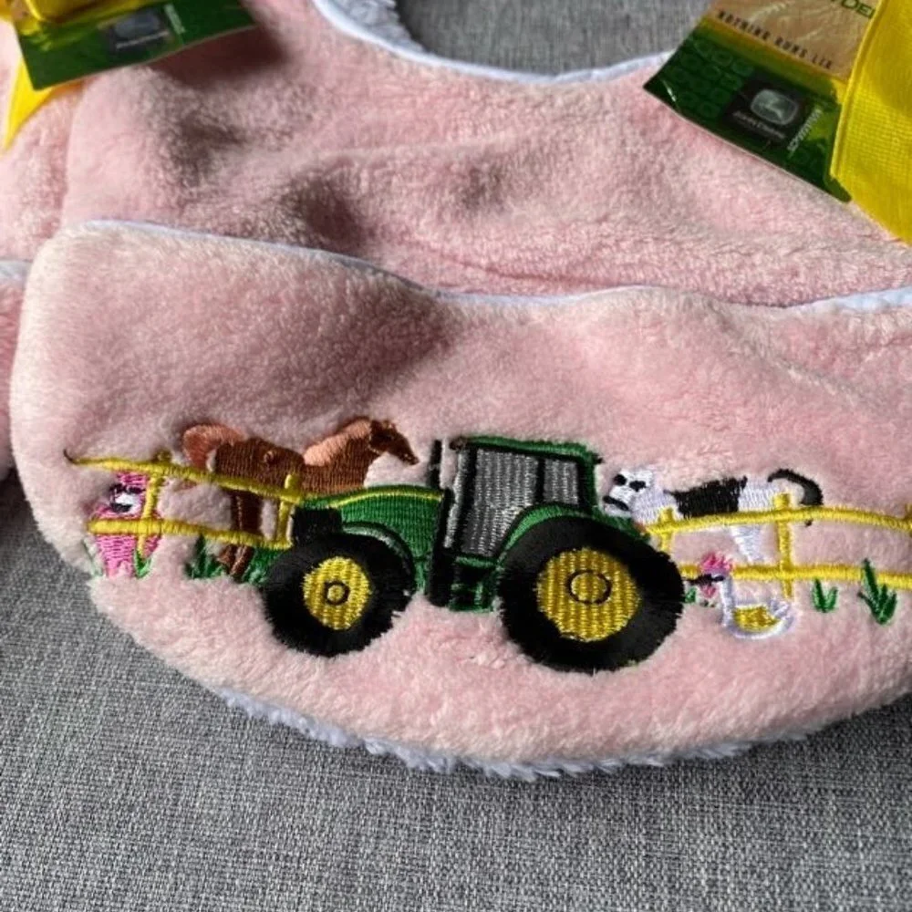 2 Pack John Deere Infant Embroidered Farm Animals Pink Plush Bib